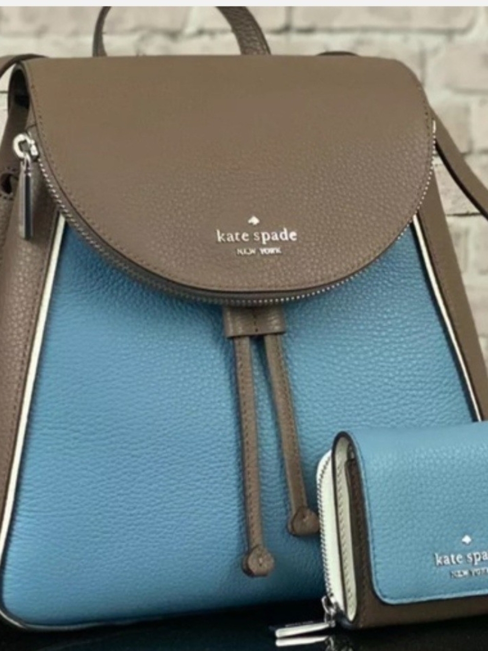 kate spade Leila Blue and Brown Pebble Leather Drawstring Backpack